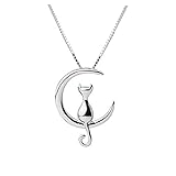 TMCO 925 Sterling Silver Necklace Moon Cat Pendant Necklace (Silver)