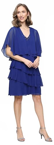 Image of S.L. Fashions Women's Chiffon Tiered Jacket Dress with Beaded Neckline Mother of the Bride, Cocktail, Or Wedding Guest Dress