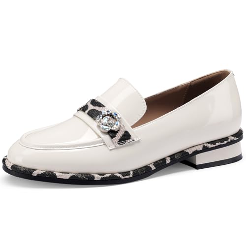 Image of Loafers for Women Patent Leather Buckle Square Toe Chunky Block Dress Slip On Wide Casual Comfortable Dressy High Heels Ladies Comfort Moccasins Elegantes 2 Inch Shoes