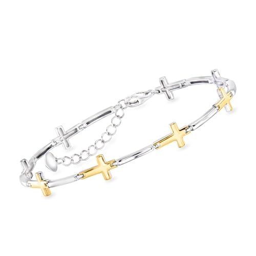 Ross-Simons Sterling Silver and 18kt Gold Over Sterling Cross Bracelet. 7 inches