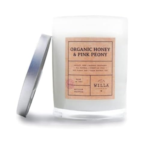 Willa Organic Honey & Pink Peony Highly Scented Candle - All Natural Soy Wax Luxury Candles Made in The USA with Essential Oils - Best for a Home/Aromatherapy/Gift/Spa/Bathroom 9oz Jar Candle Cover