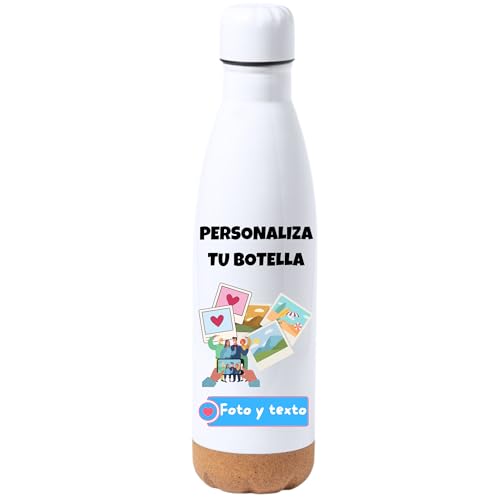 Fresh-KO - Botella Personalizada con Foto y Texto - 750 Ml - Base de Corcho - Botella Personalizada - Tapón Hermético - Botella agua acero inoxidable niños - Botella agua acero inoxidable