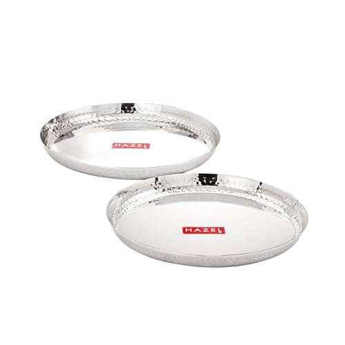 Image of HAZEL Stainless Steel Dinner Plate 30.2cm | Hammered Walls Thali for Lunch, Tiffin Plates, Ideal for Home, Office & Restaurant, Set of 2