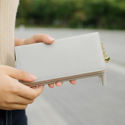 Women's Long Wallet with Zipper - Stylish Cross Texture Leather Purse with Tassel, Multi-Card Holder & Coin Pocket (Gray)3