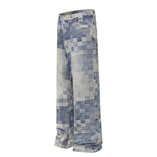 Jeans Pants Trousers Denim Retro Trendy Street Washed Blue Checkered Straight Leg Personalized for Men3