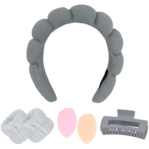 CAVETEE Skincare Headband for Washing Face, Spa Headband Wristband, Hair Claw Clips and Makeup Sponge,Bubble Headband Makeup Headband for Women Girls Cover