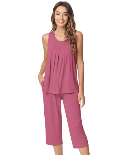 Image of NACHILA Pajamas for Women-Viscose Made from Bamboo, Sleeveless Pjs Tank Top Capri Pants Pajama Sets Cooling Sleepwear