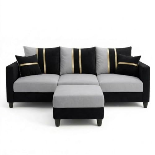 Image of Jester 4 Seater L Shape Sofa Set with Movable Ottoman | Flexible Left or Right Layout | Luxury Velvet Suede Fabric | Modern Living Room Sofa | Black-Light Grey