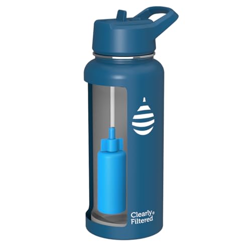 Clearly Filtered Water Bottle | Removes 220+ Contaminants, Double-Wall Insulated Stainless Steel, BPA/BPS Free, Phthalate Free, Filters Flouride Lead Chlorine (32oz, Navy Blue)