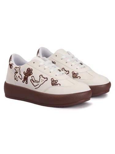 Image of TRYME Women's Stylish Platform Sneakers | Cute Teddy Bear Lace-Up Shoes Trendy Casual Footwear