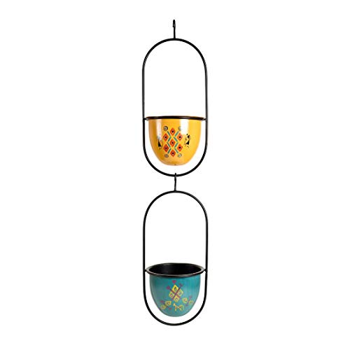 Image of AAKRITI ART CREATIONS Metal Hanging Planters Set of 2 | Handpainted Planter, Modern Art, Blue & Yellow Glossy Finish | Outdoor & Indoor Home Decor Items | Room Decoration Artifacts, Flower Pots