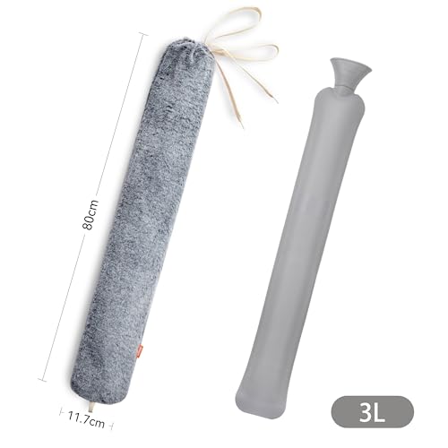 samply Lang Wärmflasche mit Bezug Flauschig, Groß Schlauch 3 Liter Long Hot Water Bottle mit Zum Umbinden, Bettflasche für Frauen Männer (Grau)