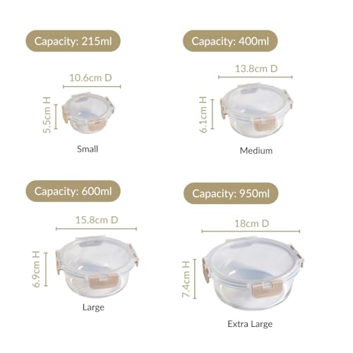 Image of Nestasia Nestro Airtight Glass Containers with Lid Set of 4 (215ml, 400ml, 600ml, 950ml) | Spill Proof Round Glass Containers with Break Free Lock - Microwave, Dishwasher & Freezer Safe (Beige)