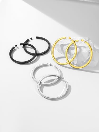 Image of Stainless Steel Chunky Hoop Earrings For Women, Minimalist and Chic, Black /Gold Plated, Round Hoops Earrings Hypoallergenic, Size: 30mm /40mm /60mm /80mm, Come with Box