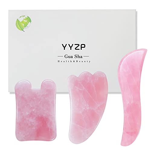 YYZP Gua Sha Tool Set, Natural Rose Quartz Stone Scraping Board, Massage Skin Care SPA Acupuncture Treatment of face, Eyes, Neck, and Body Scraping Chinese New Year Gift (3 pcs)