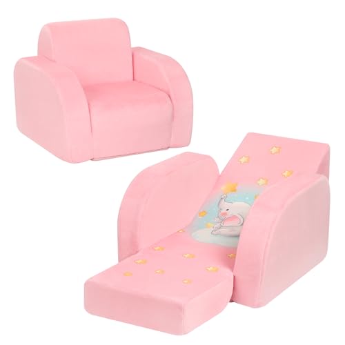 MOMCAYWEX Elephant Printed Kids Sofa, 3-in-1 Convertible Flip Open Toddler Couch, Comfy Lounger for Nap Play Sleep, Velvet Fabric, Pink