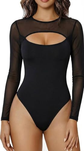 Sukiglam Body Mujer Manga Larga Cuello Alto Sexy Bodis de Malla Transparente con Cut Out Elegante Bodysuit Tops Casual Mono Camiseta Básico Jumpsuit Blusa Ajustado Body Vestir de Fiesta Clubwear