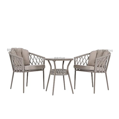 Image of BRISHI Garden Patio Seating Chair and Table Set Outdoor Balcony Garden Coffee Table Set Furniture with 1 Table and 2 Chairs Set with Cushion Braid & Rope (Natural)