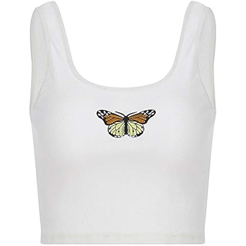 Corvelia Women's Cute Butterfly Embroidery Cotton Vest Top Thin Strap Tank Sleeveless Ribbed Crop - White, L Cover