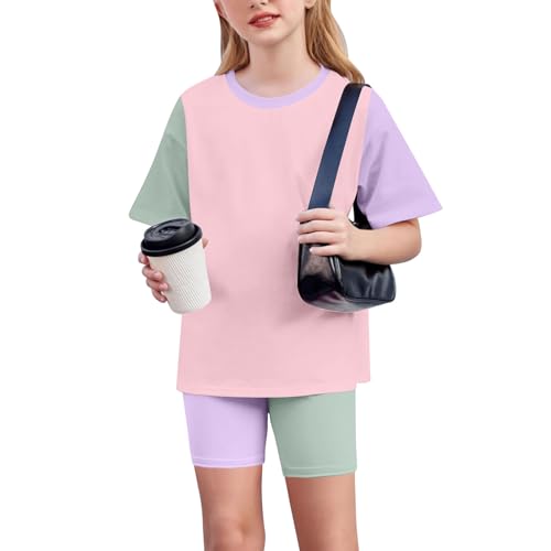 Girls Summer Outfits 2 Piece Colorblock Clothing Set Short Sleeve Tops and Biker Shorts Set Comfy Soft Tracksuits