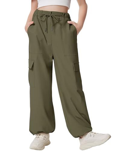 Jiflora Green Parachute Pants Cargo Pants for Girls Hiking Pants Trousers with Pockets Streetwear Kids Jogger Green 12Y