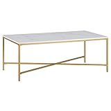 Henn&Hart 48' Wide Rectangular Coffee Table with Faux Marble Top in Brass, for Home, Living Room, Bedroom, Entertainment Room, Office