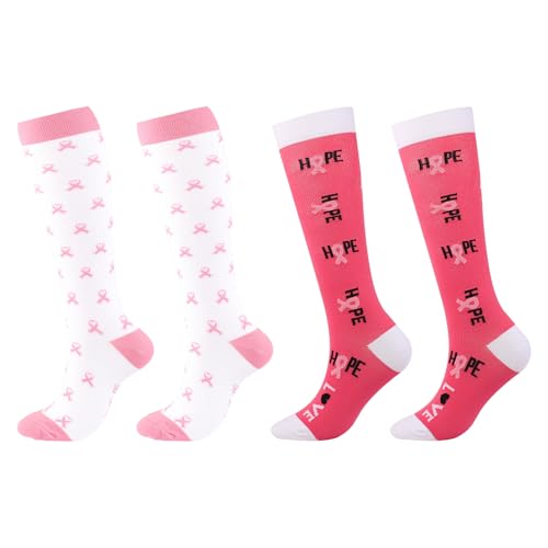 XNFUOE 2 Pairs Breast Cancer Awareness Socks Pink Ribbon Socks Breast Cancer Gifts for Survivors Patients
