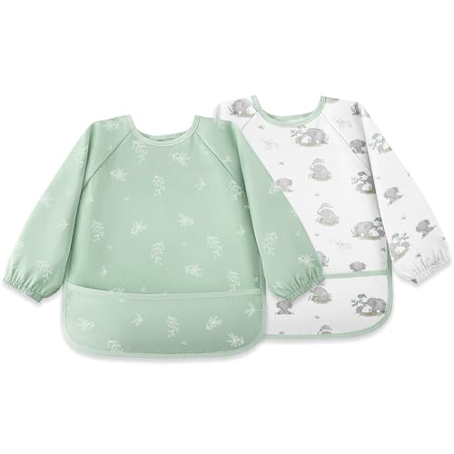 Image of Susurration Baby Long Sleeve Bib Waterproof Sleeved Bib Smock for Baby | 2 Pack Baby Reusable Feeding bibs, 6-36 Months Baby Feeding Essentials - Green Elephant