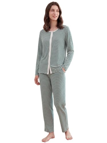 Image of Latuza Women's Petite Cotton Pajama Set Striped Button Down Pjs