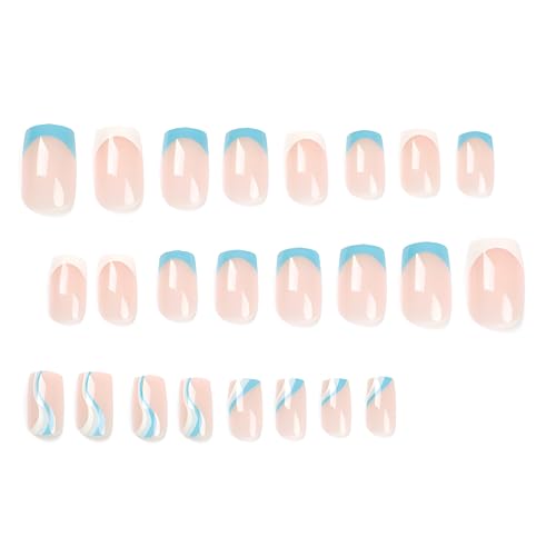 Square French Press en Uñas, Uñas Postizas Cortas Nude, Uñas Azul Onduladas con Pegamento, Uñas Falsas Brillantes de Acrílico de Cobertura Completa para Mujeres miniatura 2