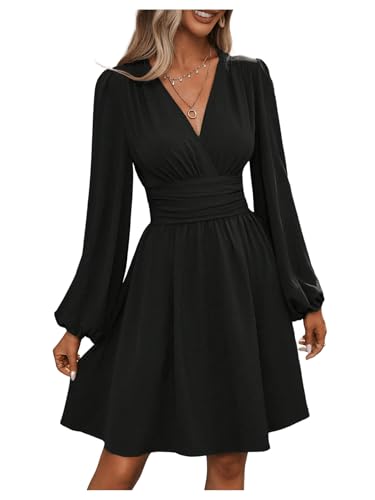 Image of SOLY HUX Women's Elegant Dress V Neck Long Sleeve High Waist Swing Prom Cocktail Short Dresses