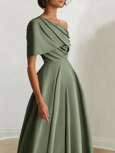 Satin Tea Length Mother of The Bride Dresses One Shoulder A Line Bridesmaid Dress4