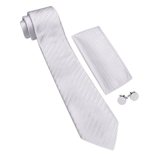 Image of Barry.Wang Solid Striped Tie for Men Silk Necktie Pocket Square Cufflinks Formal Wedding Party Business