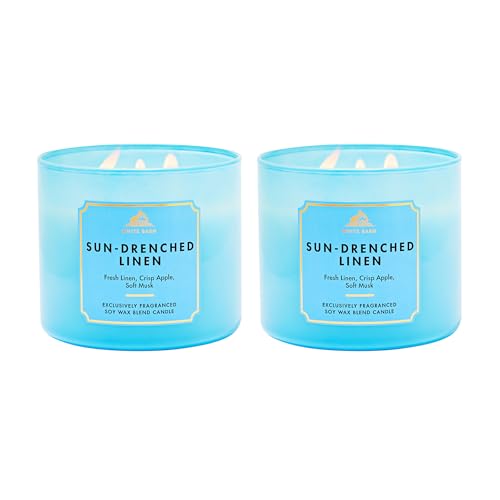 Bath & Body Works Sun-Drenched Linen 3-Wick Candle - Scented Candle for At-Home Use - Long-Lasting Room-Filling Fragrance - High Fragrance Oil Concentration - Soy Wax Blend - 2-Pack