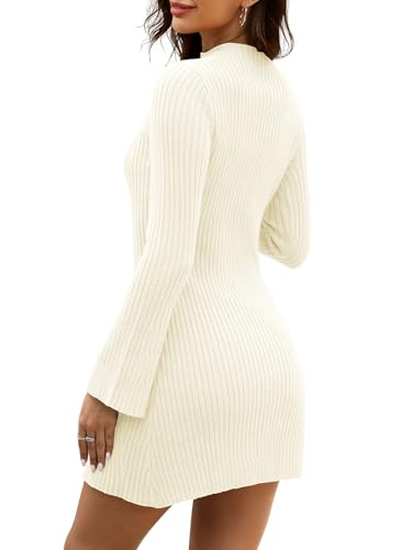 Womens Sweater Dress Fall Winter Bell Long Sleeve Mock Neck Ribbed Knit Bodycon Mini Dresses 20253