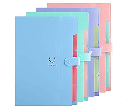 Dproptel Lot de 4 trieurs extensibles en plastique format A4 avec 5 poches, fermeture à pression, utilisation à l'école et au bureau – 4 couleurs