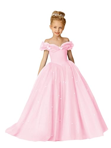 Elegant Off Shoulder Flower Girl Dresses Puffy Tulle Pageant Gown Sparkly Pearls Formal Evening Party Dress