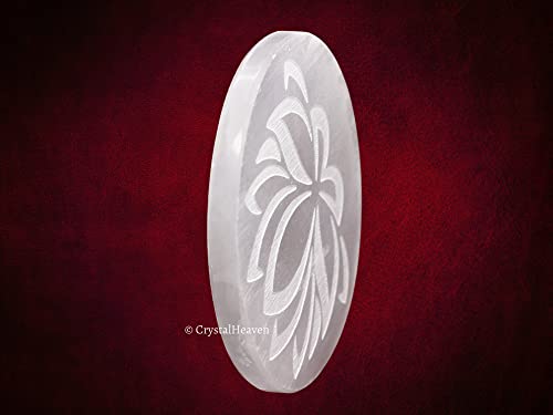 Image of Certified Selenite Crystal Charging Plate, 4 Inches Engraved Lotus Flower of Life Selenite Plate for Crystal Cleansing Re-Energy Work, Meditation and Pooja