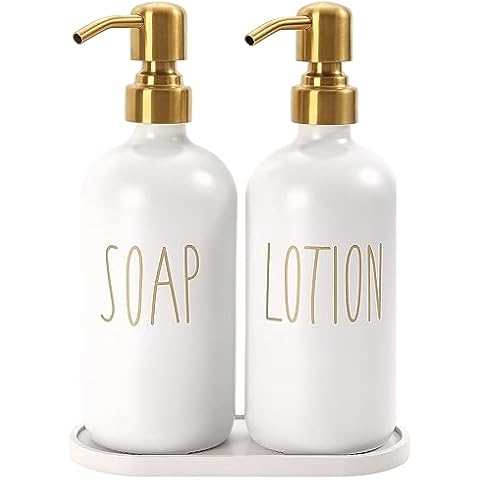 MOMEEMO Bathroom Soap Dispenser Set, Glass Soap Dispenser with Stainless Steel Pump, Contains Lotion Dispenser, Hand Soap Dispenser & Tray Suitable for Bathroom Decor Sets. (White) Cover