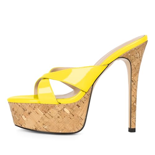 Image of Esvowido Heeled Mules for Women Cork Platform Stiletto Heels Slip on Open Toe High Heeled Sandals Crisscross Slippers Pumps Shoes