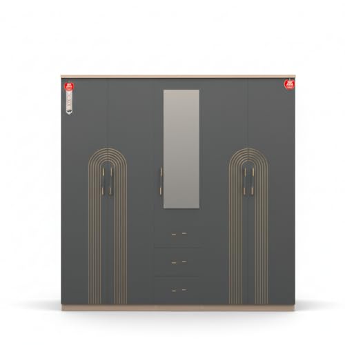 Image of Butterfly 5 Door Wardrobe with Mirror & Drawers | Engineered Wood Bedroom Wardrobe | 6.5 x 6.5 ft | Modern Storage Cabinet