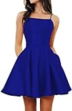 OUYAMEI Satin Short Royal Blue Prom Dresses for Teens Juniors with Pockets Backless A-Line Formal Cocktail Party Dress