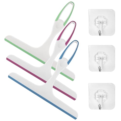 Chiluxendo 3 Piezas Rasqueta Limpiacristales Ducha de Plástico, Limpia Mamparas Ducha Cristal Versátil, Limpia Cristales Ducha, Shower Glass Squeegee, Escobilla de Ducha con Ganchos (Azul Rosa Verde)