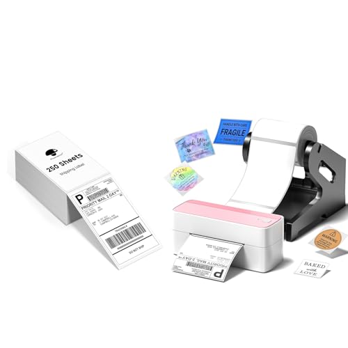 Image of Phomemo 241BT Bluetooth Thermal Label Printer with 4x6 Thermal Shipping Label(Pack of 250 4x6 Fanfold Labels), 4X6 Wireless Shipping Label Printer for Small Business Pink