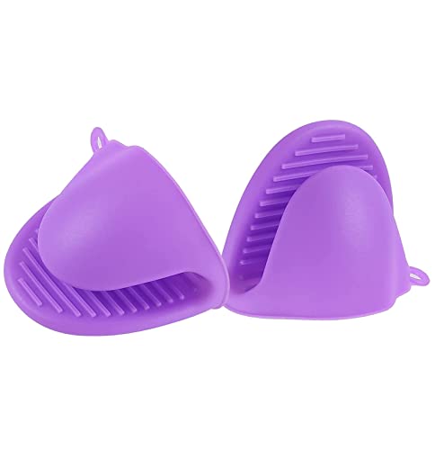 MEGVOYA 鍋つかみ シリコン ミトン 耐熱ミトン 鍋敷き 小さめ 滑り止め 無地 手袋 オーブン グローブ BBQ キッチン用 断熱パッド ミニミトン 左右兼用 男女兼用 2個 グリーン (紫)