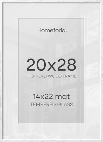 Image of Homeforia 20x28 Picture Frame White, High End Oak 20 x 28 White Wood Poster Frames with Mat 14 by 22 Photo, 20x28 Wooden Frame Matted to 14x22, 28x20 Hanging Frames, Tempered Glass, Wall Kit, Set of 2