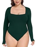 FOREYOND Plus Size Green Bodysuits for Women Sexy Square Neck Long Sleeve Slim Fitted Tops One Piece Body Suits, 4XL, 26W