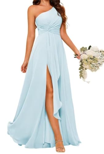 Vestido de dama de honor de princesa con un hombro, plisado, de gasa, formal, vestido de fiesta de noche con abertura, azul claro, 60 Más