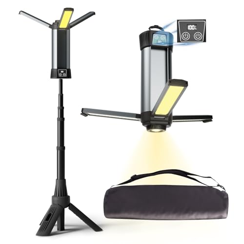 Mlogiroa Rechargeable LED Work Light with Stand - Cordless Work Lights Kit 3 Page Head,500/1000/2000 Lumen 3500/6500K Dimmable 6AH Camping Light with Detachable Tripod,Hooks and Carrying Bag