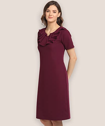Image of OOMPH! Women's Western & Fusion wear Above Knee /Mid Thigh Length Sheath Red Dress in Lycra Blend Fabric with V Neck and Short Sleeve